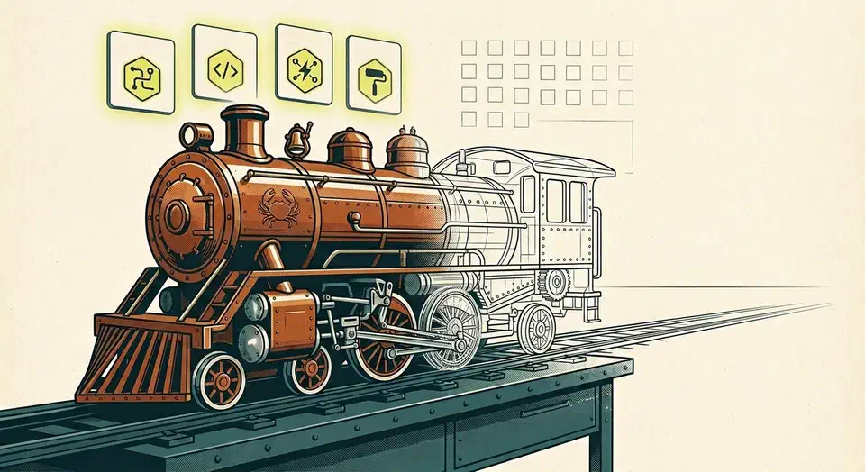 Half-built copper locomotive with a crab emblem on a workbench, its rear half still a wireframe outline beside a grid of empty checkboxes