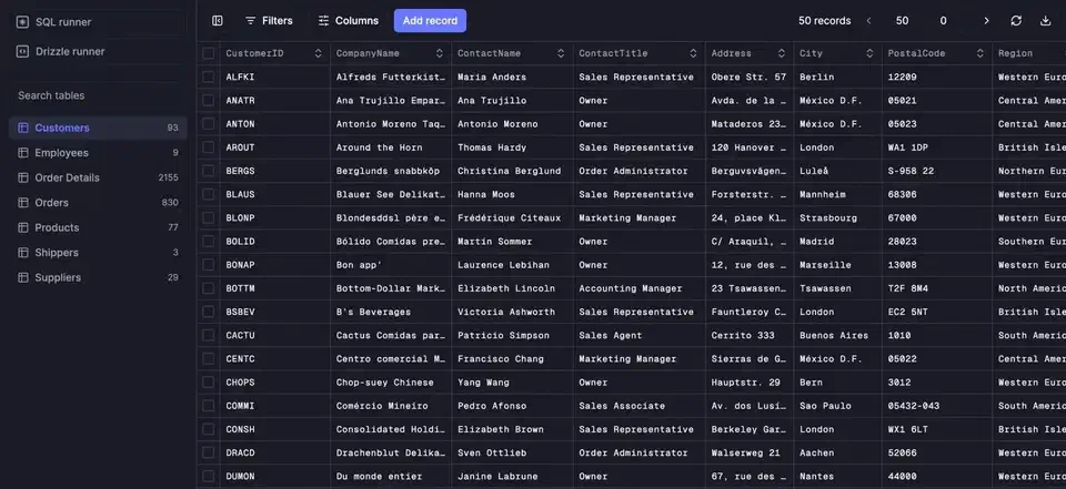 Drizzle Studio data browser interface in dark theme showing table rows and query panel