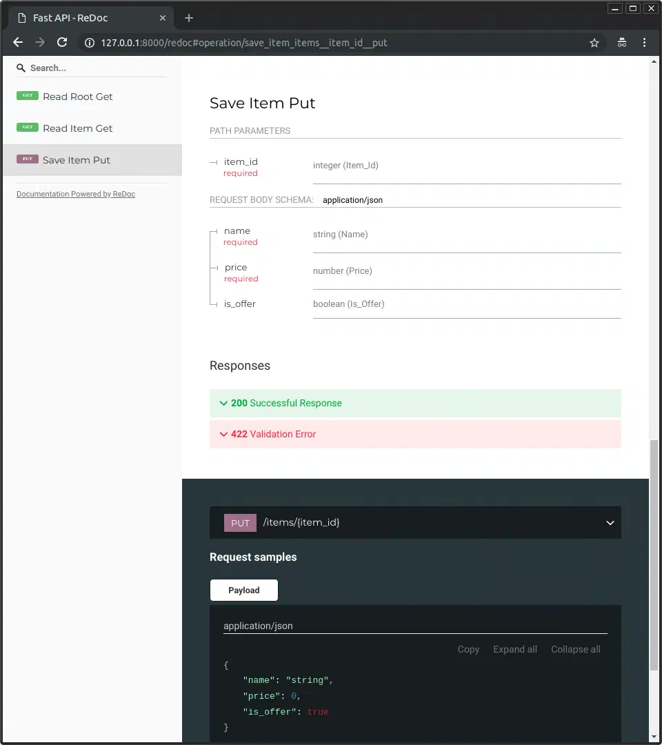 FastAPI ReDoc interface showing alternative API documentation with schema details and endpoint descriptions