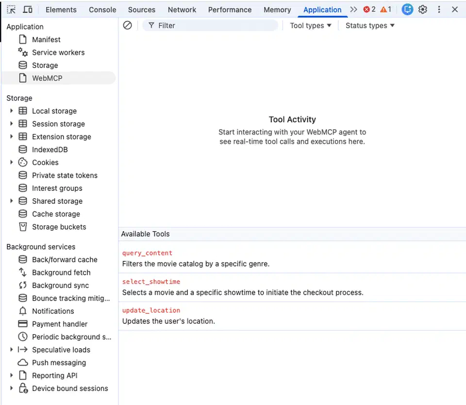 Chrome DevTools Application panel with the WebMCP pane selected, listing query_content, select_showtime and update_location under Available Tools