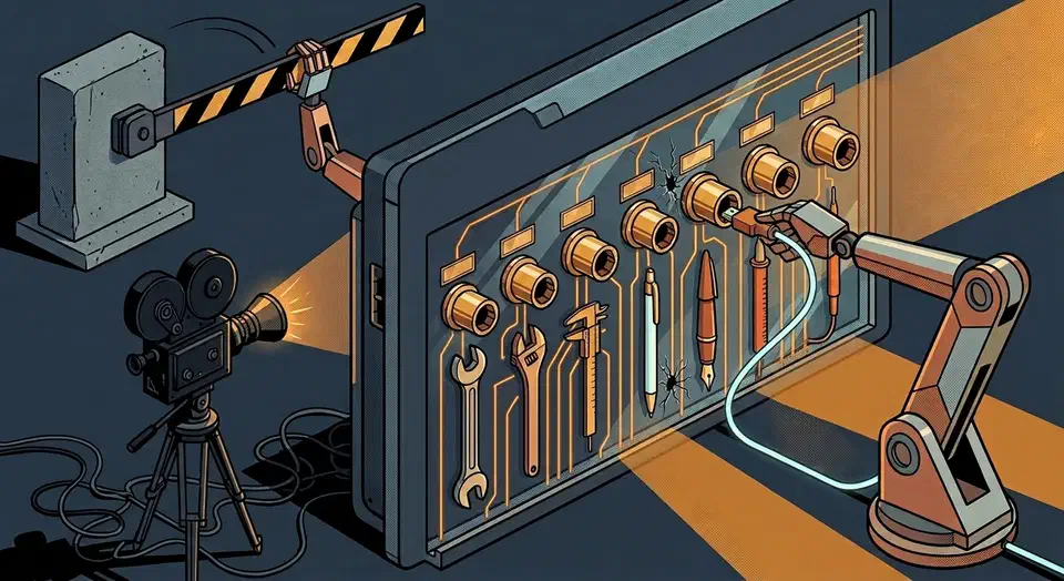 Cutaway browser window with seven brass tool sockets holding instruments, a robotic arm plugged into one, a discarded camera on a tripod beside it