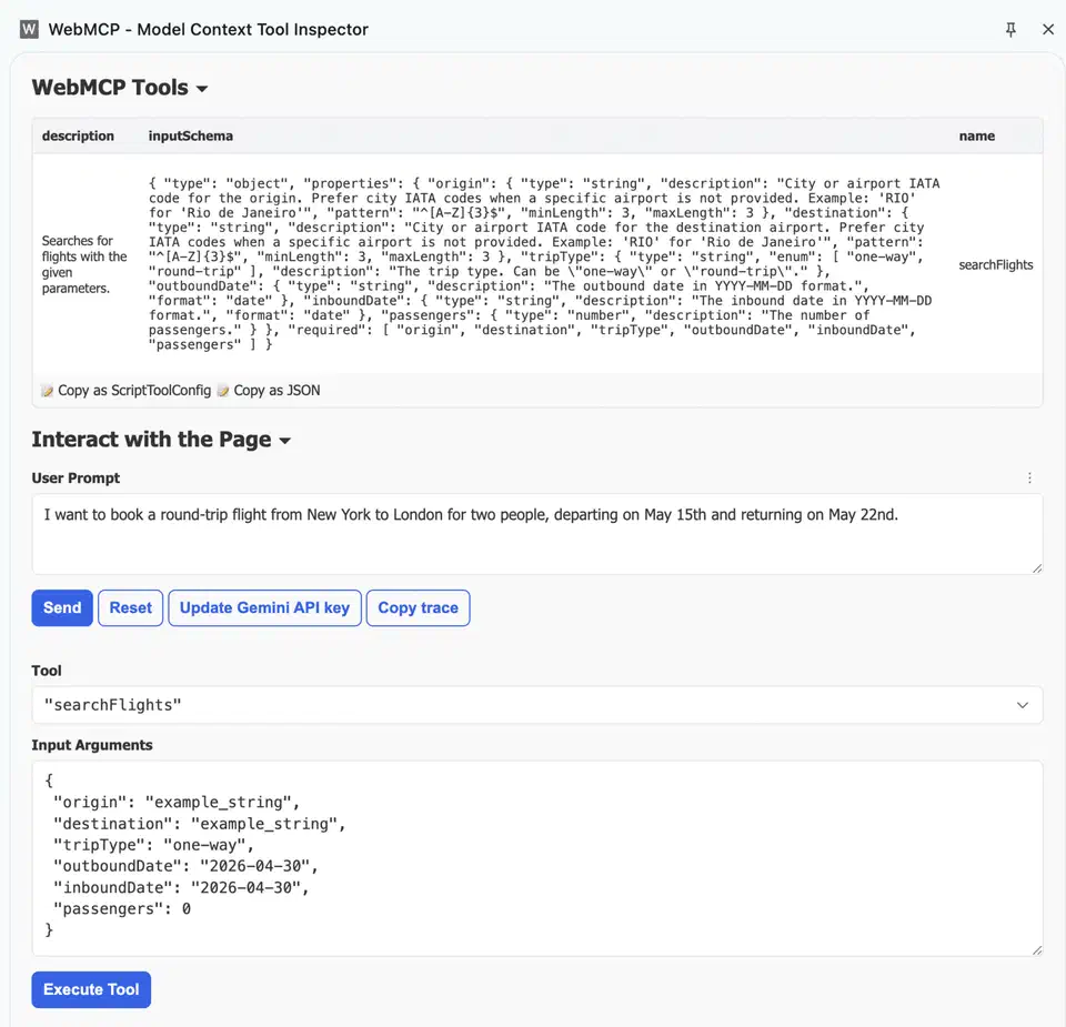 Google&rsquo;s WebMCP Inspector Chrome extension listing tools discovered on a page, acting as a simple Gemini-backed agent